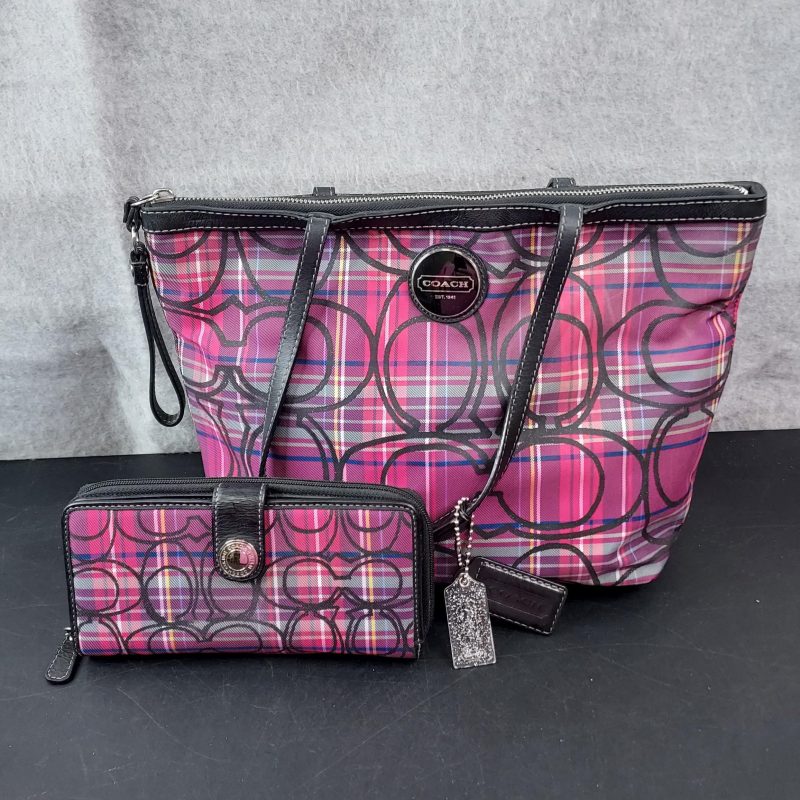 Coach Poppy Tartan Plaid Glamour Glitter Tote Bag & Wallet