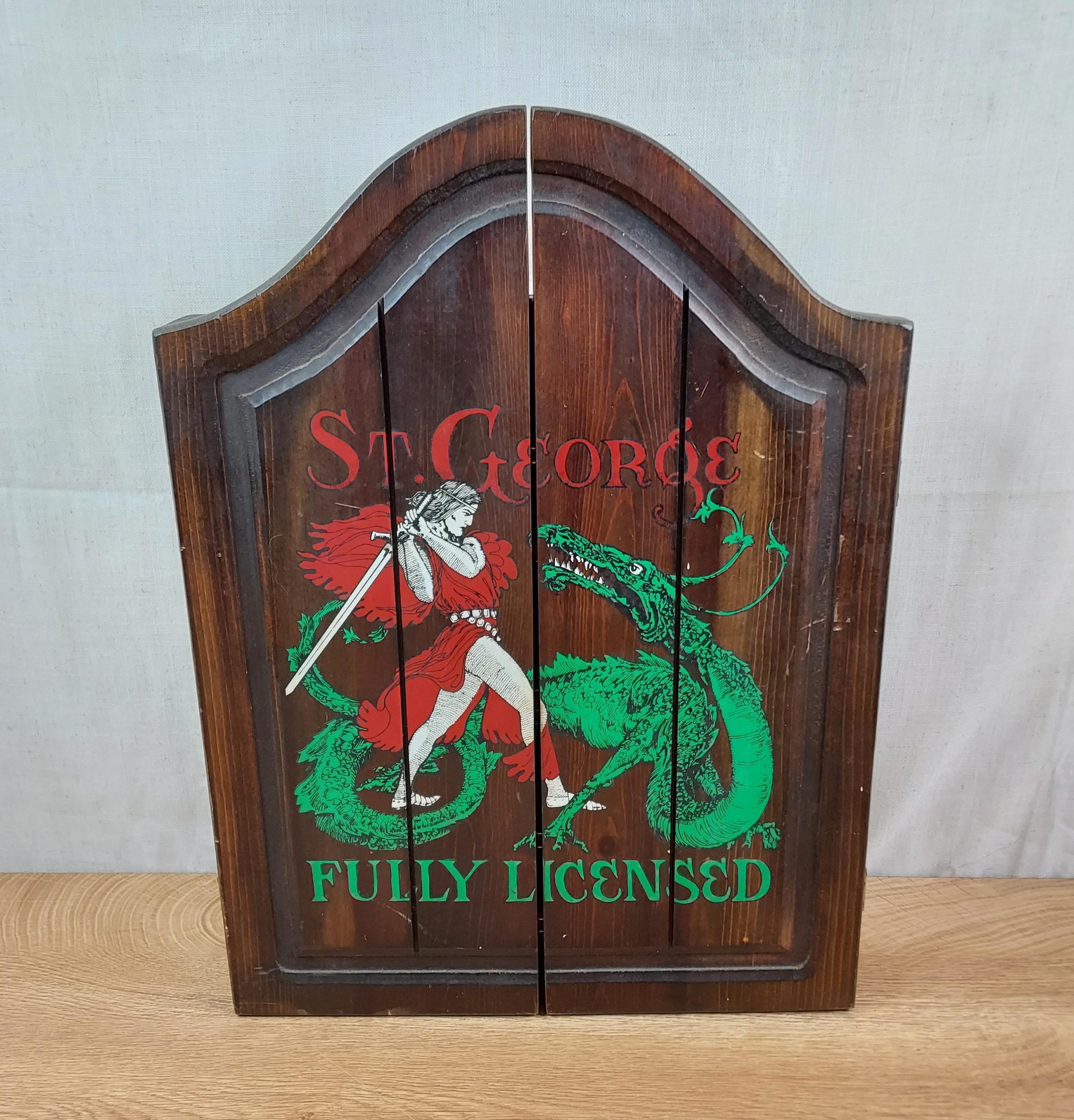 Vintage St. George "Fully Licensed" Wooden Dartboard Cabinet
