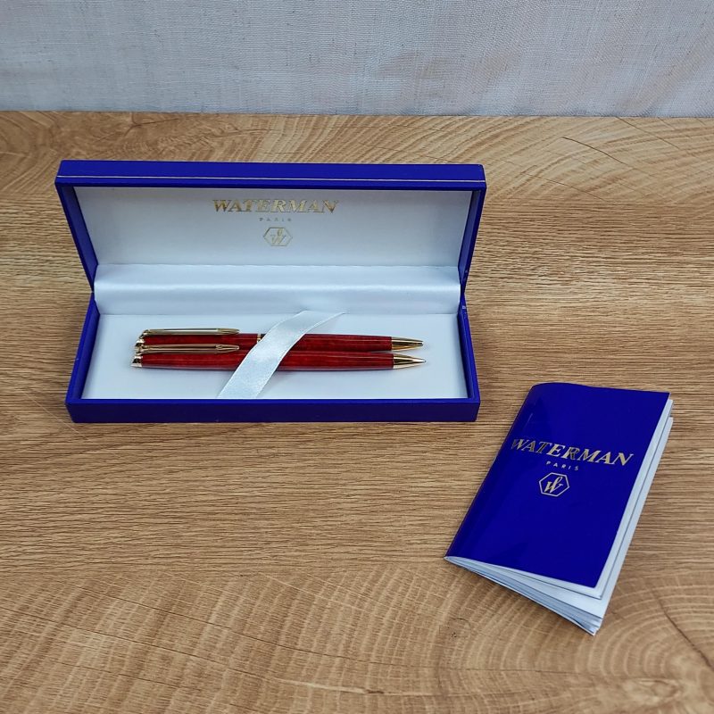 Waterman "Hémisphère" Red Marble & 23K Gold Ballpoint Pen & Mechanical Pencil Set